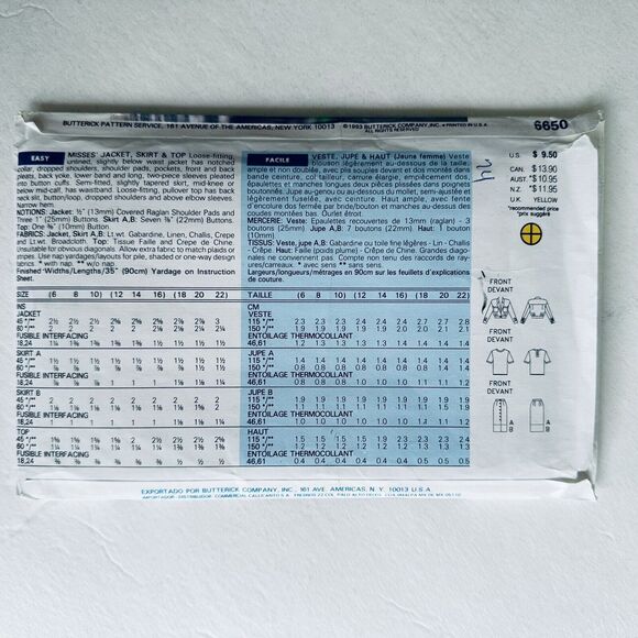 Butterick Sewing Pattern 6650 Misses Jacket Skirt Top size 6, 8, 10 UNCUT - Picture 2 of 2